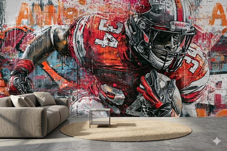 American Football Player Mural, Peel and Stick Wallpaper, Modern Non