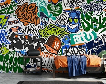 Graffiti Street Art Tapete, Schälen und Aufkleben Wanddekor, Buntes Hip Hop Wandbild
