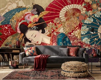 Papel de parede com gueixa japonesa, mural de parede oriental vintage, decoração floral em estilo chinoiserie, autoadesivo.