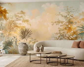 Chinoiserie-muurschildering tropische tuin, romantisch bloemenlandschap behang (schil en plak)