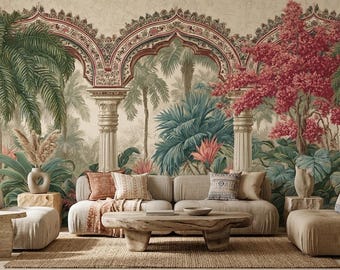 Papel pintado estilo jardín mogol, mural de palmeras exóticas, decoración de pared con arco vintage (autoadhesivo).