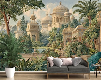 Vintage Mughal Palace Wallpaper, Indian Garden Wall Mural, Exotic Peacock Peel and Stick Decal
