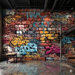 Rustic Red Brick Wallpaper, Urban Graffiti Peel and Stick, Non Woven Street Art Mural image 3