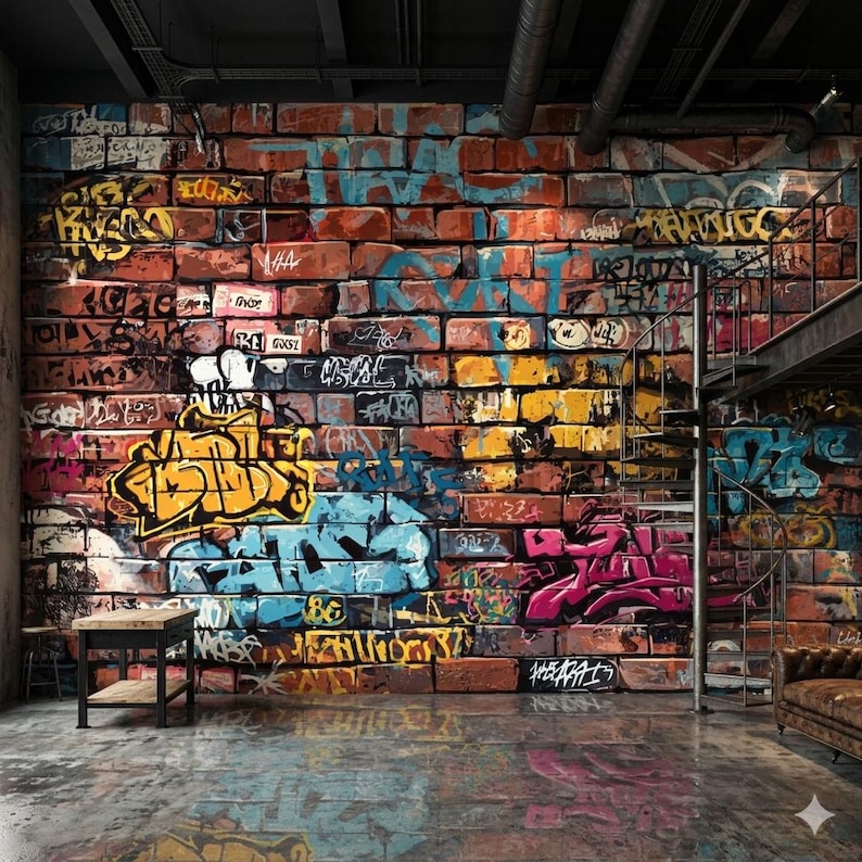Rustic Red Brick Wallpaper, Urban Graffiti Peel and Stick, Non Woven Street Art Mural image 3