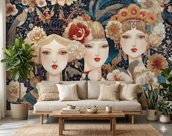 Papel pintado de estilo chinoiserie con retratos, mural floral vintage, arte oriental autoadhesivo.