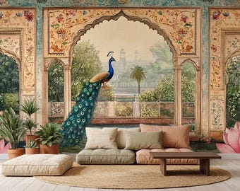 Indian Peacock Mural, Vintage Lotus Garden Wallpaper, Peel and Stick Non Woven