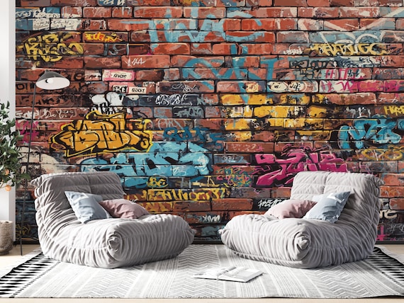 Urban Graffiti Peel and Stick, Rustic Red Brick Wallpaper, Non Woven Street Art Mural