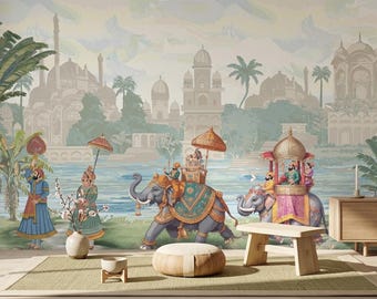 Procession d'éléphants moghols, papier peint autocollant, décoration murale indienne, art du palais vintage