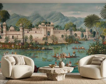 Mural paisajístico del Palacio Mogol, escena de río indio, papel pintado del Castillo Blanco (autoadhesivo)