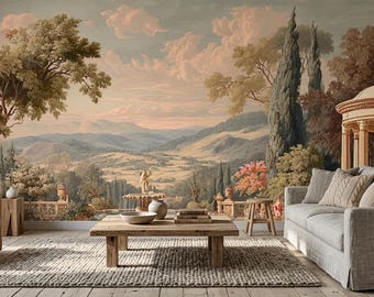 Mural de pared con paisaje de jardín italiano, diseño clásico autoadhesivo.