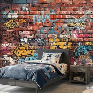 Rustic Red Brick Wallpaper, Urban Graffiti Peel and Stick, Non Woven Street Art Mural image 6