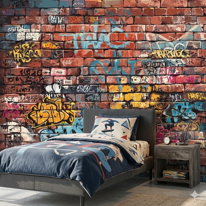 Rustic Red Brick Wallpaper, Urban Graffiti Peel and Stick, Non Woven Street Art Mural image 6