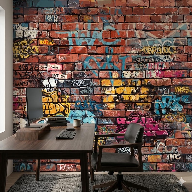 Rustic Red Brick Wallpaper, Urban Graffiti Peel and Stick, Non Woven Street Art Mural image 5