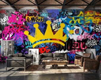 Graffiti Wall Art Mural, Colorful Street Wallpaper, Yellow Crown Pop Art, Peel and Stick
