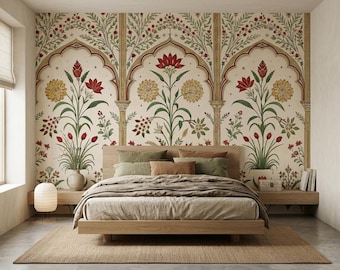 Puede incluir: Un dormitorio con una cama de estructura de madera marrón claro, decorada con almohadas de color verde oliva y marrón y un edredón de tonos neutros. La pared detrás de la cama muestra un gran mural con motivos arquitectónicos y florales.