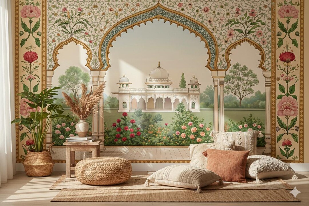 Mughal Architecture Mural, Vintage Indian Garden Wallpaper, Peel and ...