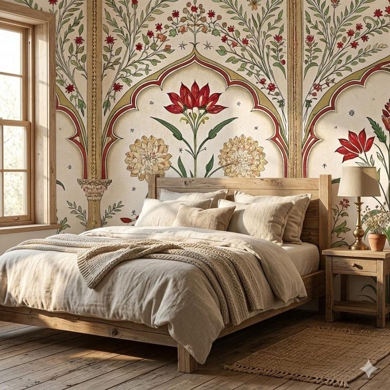 Mughal Floral Peel and Stick Wallpaper, Vintage Botanical Non Woven ...