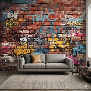 Rustic Red Brick Wallpaper, Urban Graffiti Peel and Stick, Non Woven Street Art Mural image 2