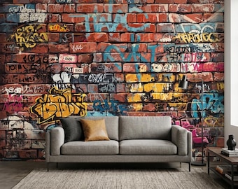 Mural de arte urbano callejero, papel tapiz de ladrillo colorido, estilo loft industrial, autoadhesivo.