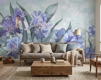 Purple Iris Flower Mural, Vintage Floral Wallpaper, Peel and Stick, Non Woven