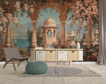 Puede incluir: Un mural de pared que muestra una escena arquitectónica con columnas arqueadas, un pabellón central con cúpula y un lago rodeado de montañas. La escena está enmarcada por árboles en flor en tonos melocotón y marrón, tras una mesa consola.