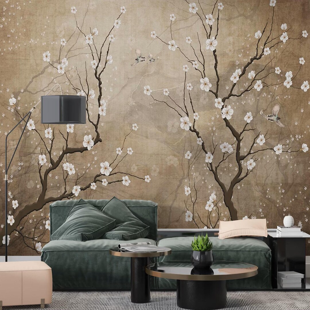 Vintage Chinoiserie Wallpaper, Cherry Blossom Mural, Peel and Stick ...