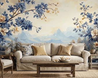 Vintage Berglandschaft Tapete, Blau Chinoiserie Blumen Wandbild, Schälen und Aufkleben, Vlies