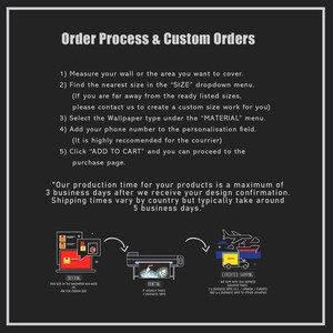 May include: A graphic with text detailing the order process for custom wallpaper. Instructions include measuring the wall, selecting size and material, adding a phone number, and adding to cart. Production time is a maximum of 3 business days.