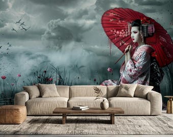 Geisha with Red Umbrella Wallpaper, Japanese Traditional Art Mural, Oriental Landscape, Peel and Stick