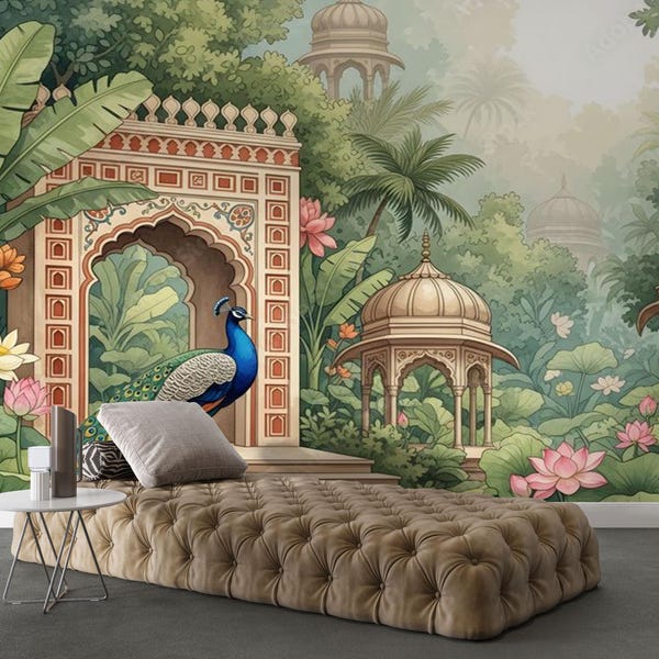 Mural de jardín indio vintage, papel pintado de loto y pavo real, autoadhesivo, no tejido.