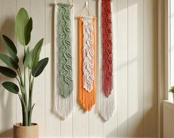 Macrame Leaf Wall Hanging, Slim Vertical Boho Tapestry, Nordic Wall Decor
