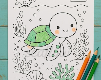 Può includere: Una pagina da colorare con una tartaruga dei cartoni animati sott'acqua, circondata da pesci, bolle e alghe. La tartaruga ha un guscio verde e sorride. Tre matite colorate verdi, turchese e arancioni sono accanto.