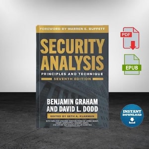 Pode incluir: Um livro intitulado "Security Analysis: Principles and Technique, Seventh Edition" de Benjamin Graham e David L. Dodd. A capa é preta com letras douradas e uma imagem de paisagem urbana. Inclui opções de download PDF e EPUB.