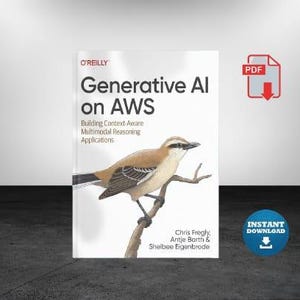 Op de afbeelding: Boekomslag voor "Generative AI on AWS" van O'Reilly, met een vogel op een tak. De titel staat in zwarte letters. Een rood PDF-pictogram en een blauwe "Instant Download"-badge zijn ook zichtbaar.