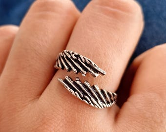 Oxidized Sterling Silver Angel Wing Ring, Adjustable Guardian Wrap Jewelry