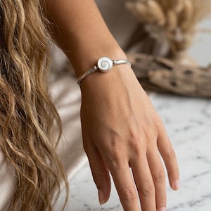 Shiva Eye Silver Bangle, Handmade Shell Bracelet, Boho Spiritual Jewelry