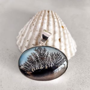 May include: Oval pendant with a silver bail, featuring a dendritic agate stone. The stone displays a black and brown tree-like pattern against a light blue and clear background. The pendant is set against a white seashell.