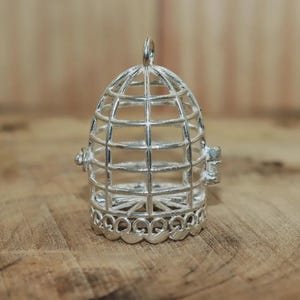 Puede incluir: Un colgante plateado en forma de jaula con una puerta con bisagras y un lazo en la parte superior. La jaula tiene una parte superior redondeada y una base decorativa. El colgante es de metal y está sobre una superficie de madera.