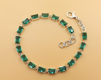 Sterling Silver Emerald Cut CZ Link Bracelet, Tennis Jewelry Gift