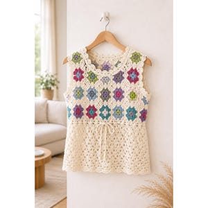 May include: Cream-colored crochet top with a floral pattern in various colors, including pink, blue, green, and purple. The sleeveless top has a drawstring waist and is hanging on a wooden hanger.