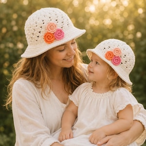 Puede incluir: Dos sombreros de ganchillo blancos a juego con adornos florales. Uno lo lleva un adulto, el otro un niño. Los sombreros tienen ala y están decorados con flores de ganchillo de color naranja, rosa y melocotón. La imagen está tomada al aire libre.