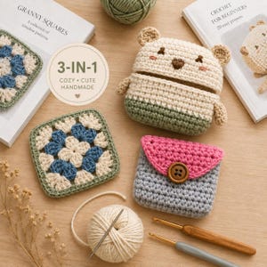 May include: A collection of handmade crochet items, including a bear-shaped case, a small gray and pink pouch with a button, and granny squares. The image also shows crochet hooks, yarn, and books with the text "Granny Squares" and "Crochet for Beginners".