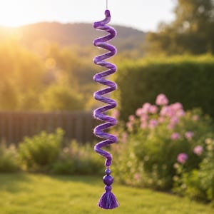 May include: A hanging, decorative spiral in shades of purple. The spiral is made of twisted yarn and has a beaded accent and a tassel at the bottom. The background is a blurred view of a garden with green grass and foliage.