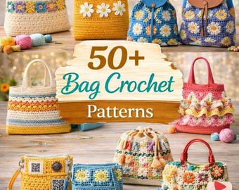 Pacote com mais de 50 modelos de bolsas de crochê em PDF, incluindo bolsas estilo "vovó", bolsas boho para feira, bolsas florais e modelos de bolsas da moda. Disponível para download digital.