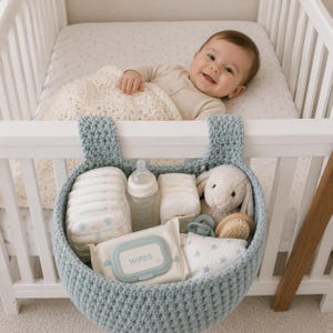 May include: A dusty blue crocheted hanging storage basket attached to a white cot. The basket contains a stack of nappies, a clear plastic baby bottle, a pack of wipes, a plush rabbit toy, a blue dummy, a wooden brush, and a star-patterned cloth.