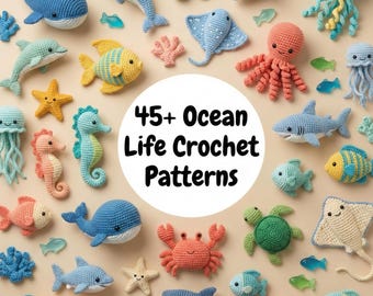 45+ häkeln Meerestier Muster Bundle, Ozean Tier Amigurumi Oktopus Wal Schildkröte Seepferdchen Fisch Krabbe, Meerestier Plüschtiere, Instant Download