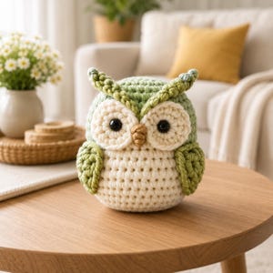 May include: A handmade crochet owl figurine in shades of green, cream, and brown. The owl has large, round eyes and a textured, stitched appearance. It is a decorative item, likely for home decor.