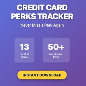 May include: A digital graphic with the text "CREDIT CARD PERKS TRACKER" and "Never Miss a Perk Again." It highlights 13 pre-built cards and 50+ auto-tracked perks, with an "INSTANT DOWNLOAD" button.