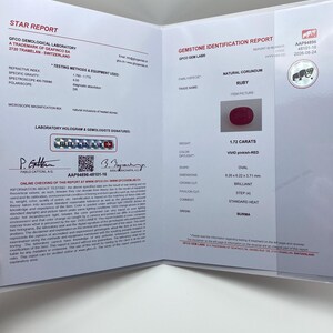 Op de afbeelding: Een GFCO Gemological Laboratory Star Report voor een natuurlijke robijn. Het document beschrijft een 1,72 karaat, levendig roze-rode ovale robijn met briljante kroon en trappen-paviljoen slijpvorm, afkomstig uit Birma, van 8,26 x 6,22 x 3,71 mm.