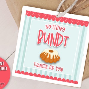 Puede incluir: Una etiqueta de regalo cuadrada con un fondo azul claro y rayas verticales. La etiqueta presenta las palabras "NOTHING BUNDT" en rosa y un gráfico de un bizcocho. También se incluye el texto "THANKFUL FOR YOU!". La etiqueta tiene un borde festoneado rojo.